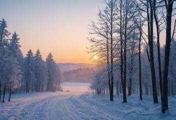 Illustration of a Winter Landscape Bathed in Sunrise