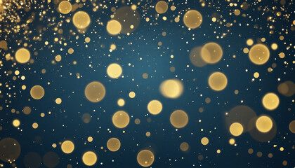 Golden blue starry bokeh fantasy background, glittering particles flying, bokeh sparkles in the dark, wide banner size colourful background