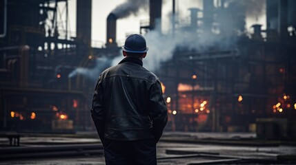 A man in a black jacket stands in front of a factory with smoke coming out of it - Powered by Adobe