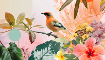 Design a visually stunning photo collage. Soft tones and pastels are the perfect complement for designs with bird, flowers, leaves, and plants