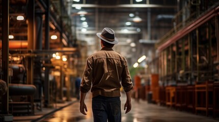 A man wearing a hat and a brown jacket walks through a large industrial building