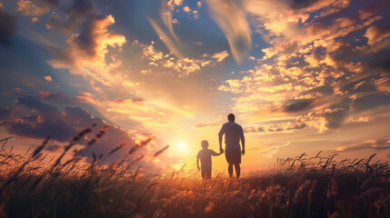 silhouette of a person in the sunset, father and son - obrazy, fototapety, plakaty