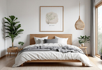 Scandi-Boho bedroom interior with white walls and natural wood furniture, mock-up frame background colourful background