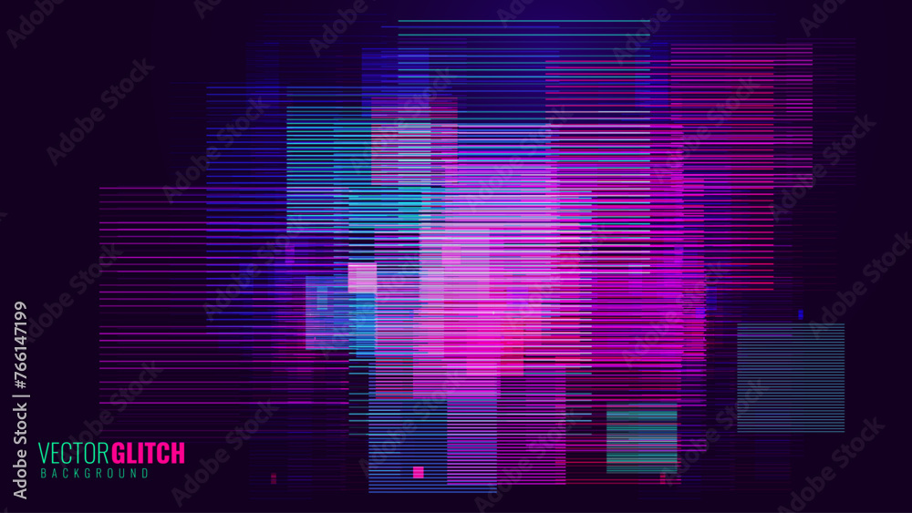 Poster Abstract Glitch Horizontal Lines Background. Unique Design Abstract Digital Noise Glitch Error Video Damage Texture. Aesthetics of Vaporwave or Cyberpunk Style. Vector Illustration.