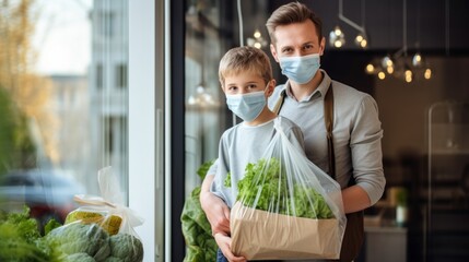 A man and a boy wearing masks are holding a bag of lettuce - Powered by Adobe