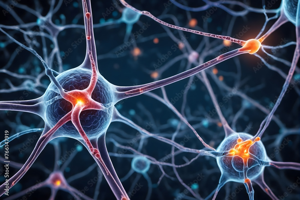 Poster Background from nerve cells or neural networks with cell activity between each other. Neurology and the nervous system concept and showcase