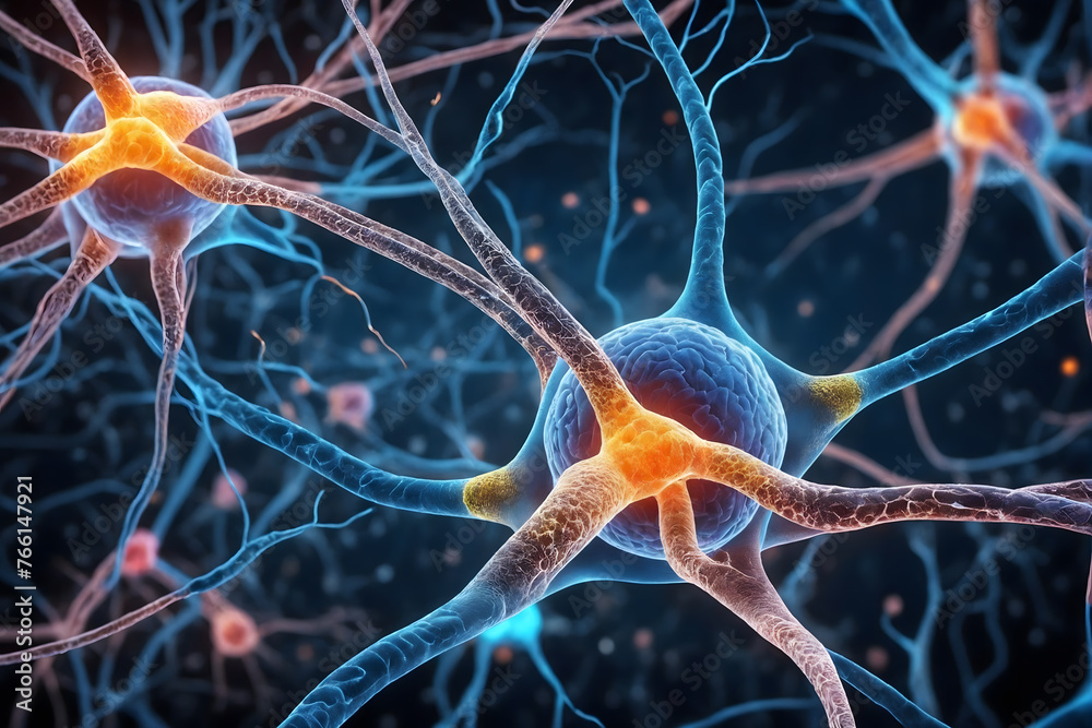 Poster Background from nerve cells or neural networks with cell activity between each other. Neurology and the nervous system concept and showcase