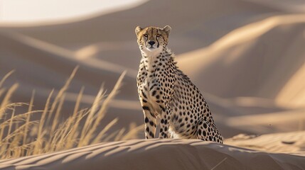 Cheetah sits on sand and look to the camera. Wildlife animals.