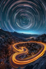 A road twists and turns under a sky filled with star trails, creating a mesmerizing scene