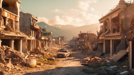 ruined city and buildings after an earthquake natural disaster - obrazy, fototapety, plakaty