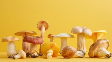 Various mushrooms on a yellow background. Studio food editorial photo of mushrooms, creating a serene still-life composition.