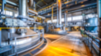 Fototapeta premium Blurred factory interior, defocused manufacturing line with gas pipe, boiler and machinery inside heavy industry plant control room, production workshop, industrial warehouse background for design