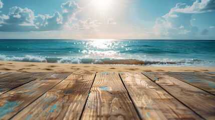 Naklejka na ściany i meble Tropical fine sandy beach with blured sea sun sky clouds background with wooden table top