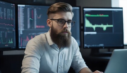 Workplace of trader. Young bearded trader wearing eyeglasses using his laptop while sitting in office in front of computer screens with trading charts and financial data