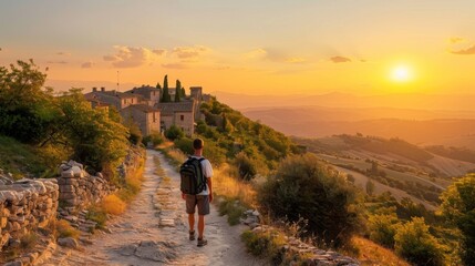 A solo traveler with a backpack walks on a path towards a scenic old village during a beautiful sunset over rolling hills. - obrazy, fototapety, plakaty