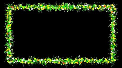 Beautiful illustration of colorful flowers and green grass decorative frame on plain black background
