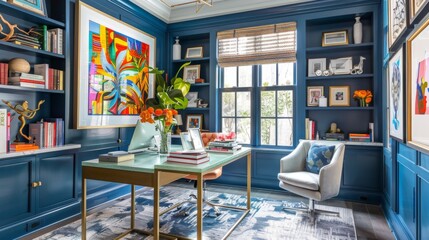 A tastefully decorated home office featuring navy blue walls, a stylish desk, vibrant artwork, and a comfortable reading chair by a window.