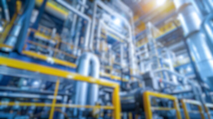 Blurred factory interior, defocused manufacturing line with gas pipe, boiler and machinery inside heavy industry plant control room, production workshop, industrial warehouse background for design