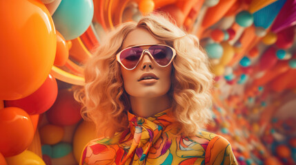 Closeup photo of happy fair haired woman wearing sunglasses with her short curly hair and smiling, enjoying the summer season outside. - obrazy, fototapety, plakaty