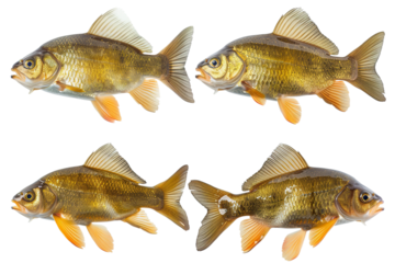 Collection of 4 tench fish In different view isolated on white background PNG