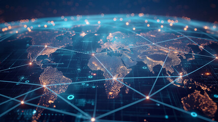 Global network concept with illuminated connections over a digital world map