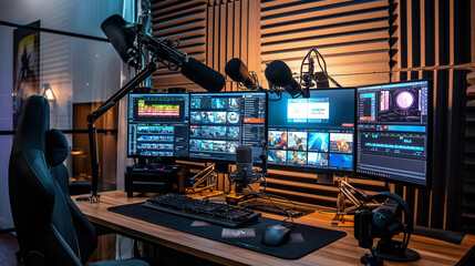 Professional broadcasting studio setup with multiple screens and soundproofing
