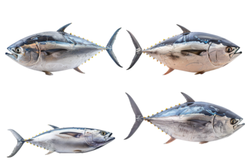 Collection of 4 Tuna fish In different view isolated on white background PNG