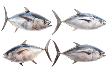 Collection of 4 Tuna fish In different view isolated on white background PNG