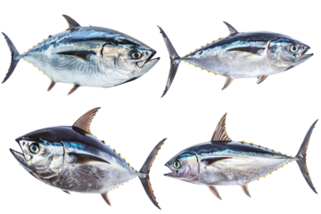 Collection of 4 Tuna fish In different view isolated on white background PNG
