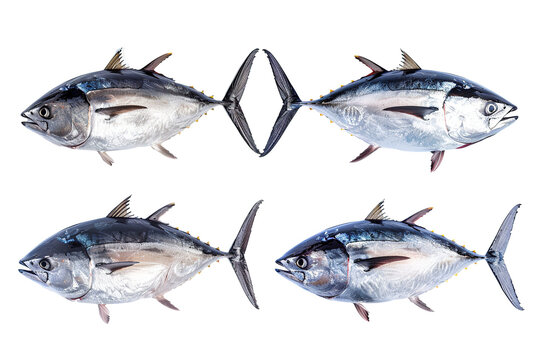 Collection of 4 Tuna fish In different view isolated on white background PNG