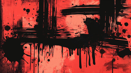 Vibrant red and black paint splashes and strokes, energetic abstract art background