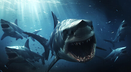 A group of extremely dangerous sharks are swimming in the deep waters.