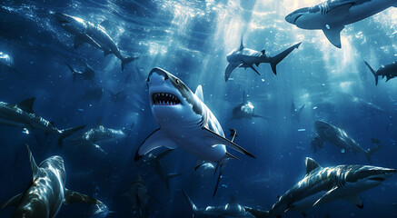 A group of extremely dangerous sharks are swimming in the deep waters. - obrazy, fototapety, plakaty