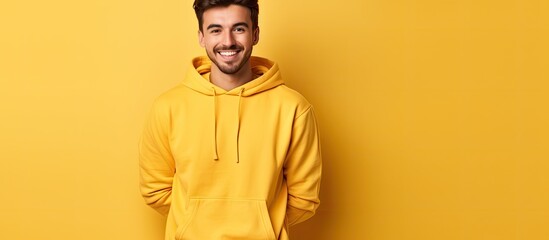 A happy man with a beard and facial hair, wearing a yellow hoodie and orange eyewear, standing in front of a yellow background, smiling with a gesture towards his collar and sleeve