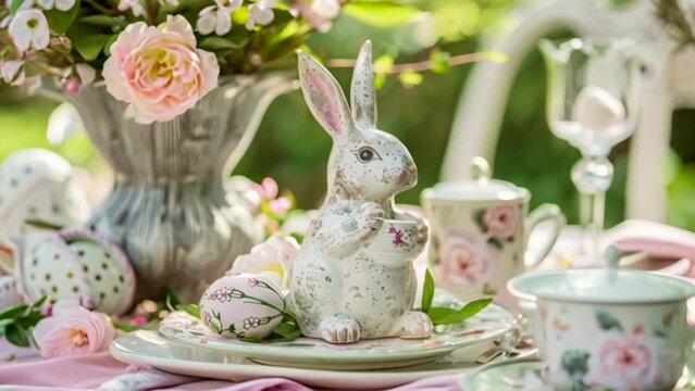 Easter tablescape decoration, floral holiday table decor for family celebration, spring flowers, Easter eggs, Easter bunny and vintage dinnerware, English country and home styling