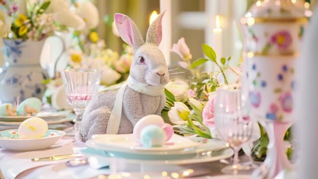 Easter tablescape decoration, floral holiday table decor for family celebration, spring flowers, Easter eggs, Easter bunny and vintage dinnerware, English country and home styling