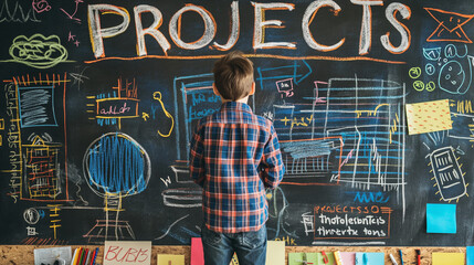 Creative Schoolboy Brainstorming Ideas on Chalkboard