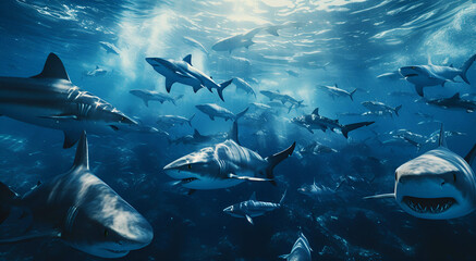 A group of extremely dangerous sharks are swimming in the deep waters. - obrazy, fototapety, plakaty