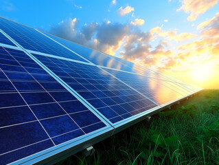 Sustainable Energy Solar Panels Field at Sunset