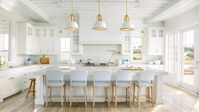 Coastal cottage kitchen decor, white interior design and country house, in frame kitchen cabinetry, sink, stove and countertop, English countryside style