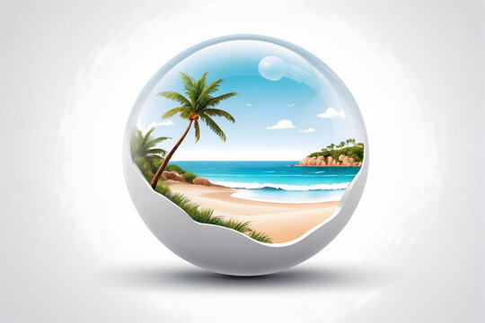 The beach inside a thin, transparent sphere on white background