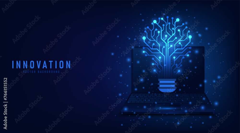 Poster Innovation. Idea and solution technology concept. A light bulb from dot circuit board on the dark blue. Abstract cyber and digital computer innovation concept. Business innovation and creative idea.