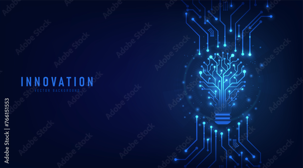 Poster Innovation. Idea and solution technology concept. A light bulb from dot circuit board on the dark blue. Abstract cyber and digital computer innovation concept. Business innovation and creative idea.