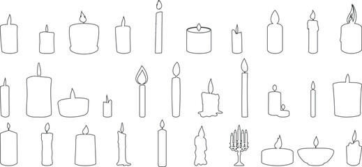 Candle sketch collection, elegant candle icon design outlines, perfect for invitations, decor, celebrations. Various shapes, sizes, light, flameless candles