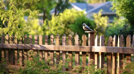 Small bird on a back garden wooden trellis fence with trees in the background.