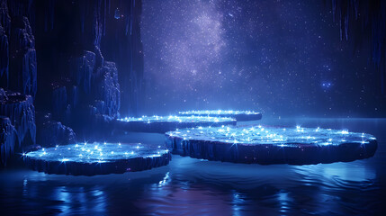 Obraz na płótnie Canvas Bioluminescent floating platforms under a starry night sky in an otherworldly cave