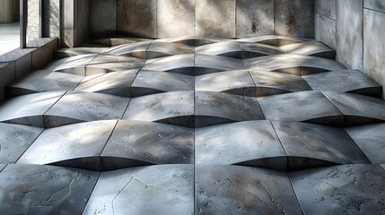 Artistic play of light and shadow on a monochromatic geometric tiled floor design