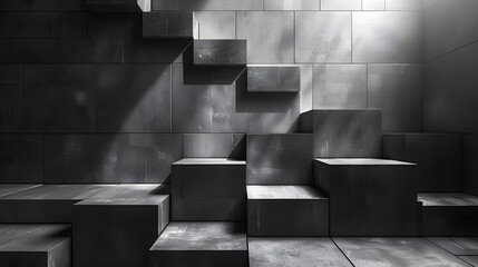 Abstract architectural geometry of protruding cubes and shadows in a grayscale labyrinth