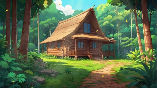 Immerse yourself in the peaceful atmosphere of a sunny forest clearing, where a quaint wooden house stands amidst the trees, accompanied by the gentle fluttering of anime-style butterflies in this mes