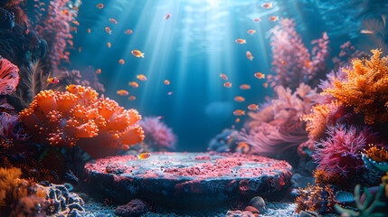 Underwater podium surrounded by vibrant coral reef life with sunbeams piercing through blue ocean waters